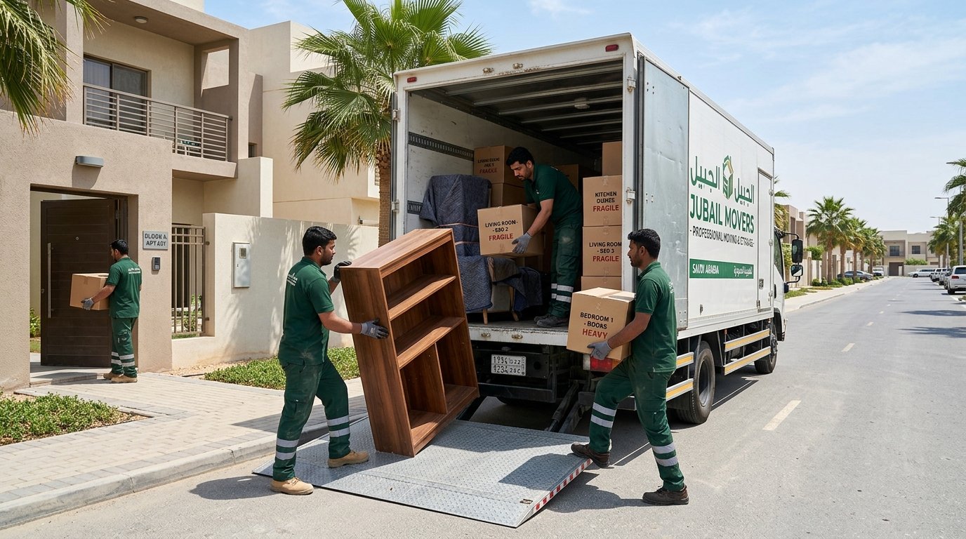فريق دار الهنا يقوم بتحميل كراتين وأثاث شقة سكنية في دينا مقفلة بمدينة الجبيل