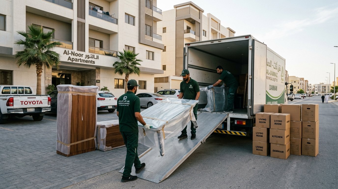 فريق دار الهنا لنقل العفش وتغليف الأثاث في الدمام أمام مبنى سكني حديث