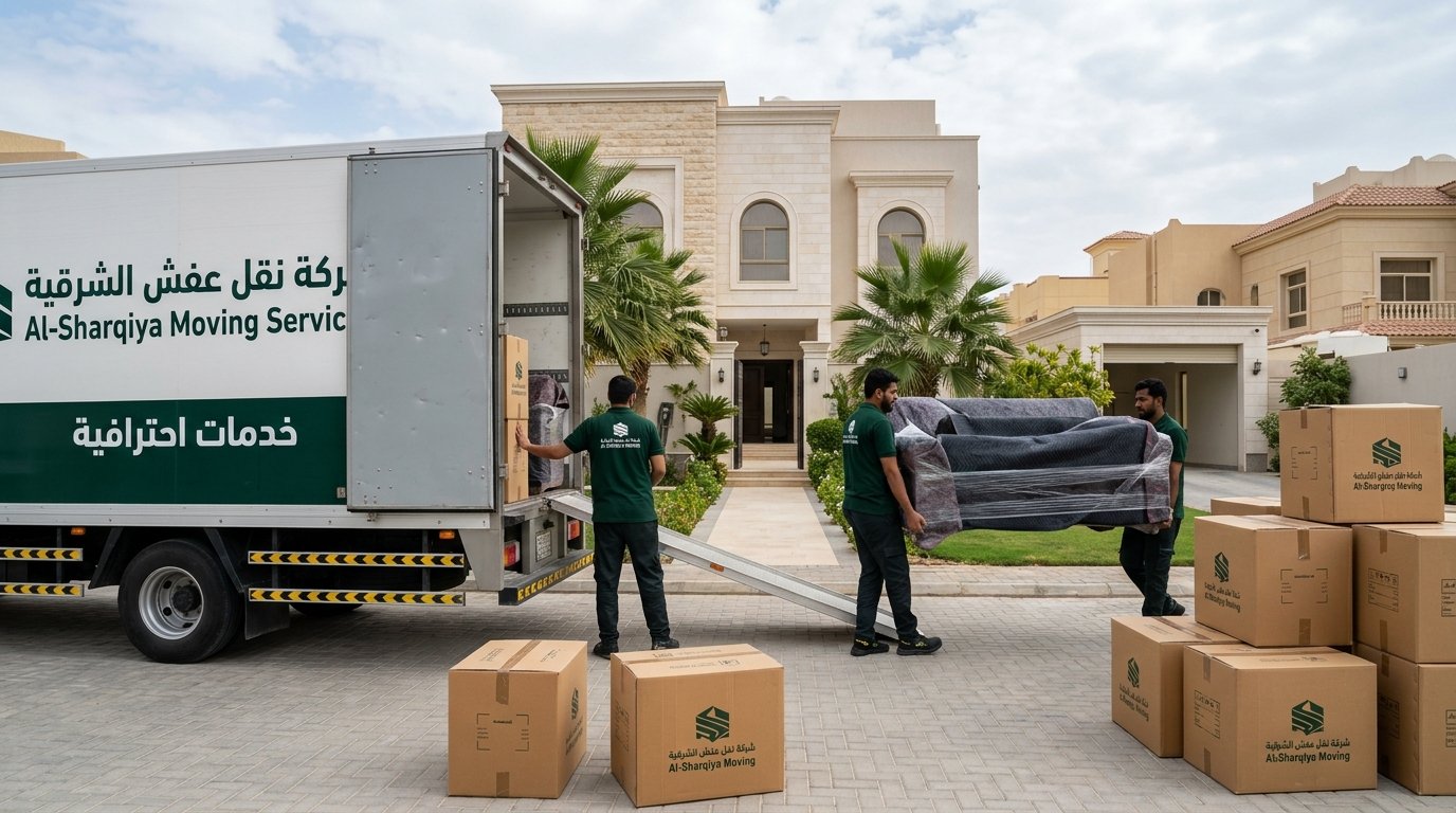 فريق دار الهنا لنقل العفش والتغليف في المنطقة الشرقية أمام فيلا سكنية حديثة