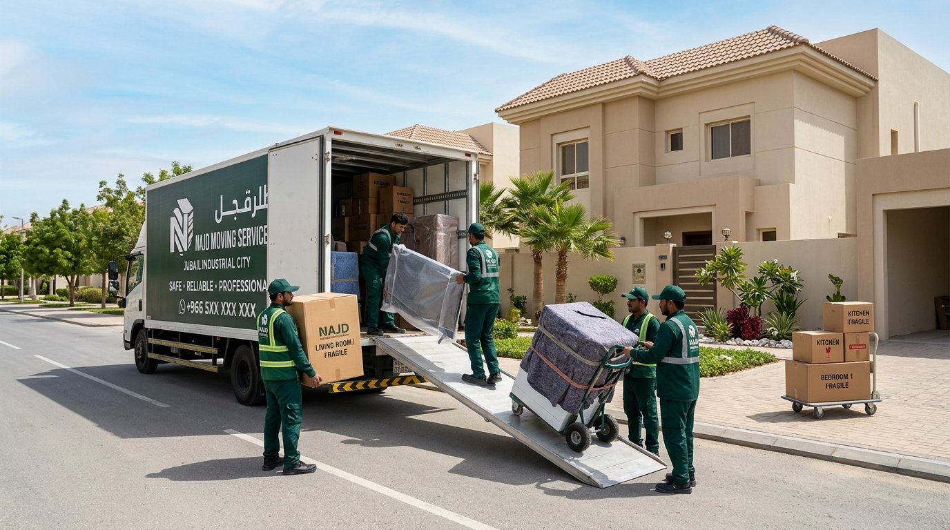 شاحنة وفريق دار الهنا لنقل العفش وتغليف الأثاث في أحد أحياء الجبيل الصناعية