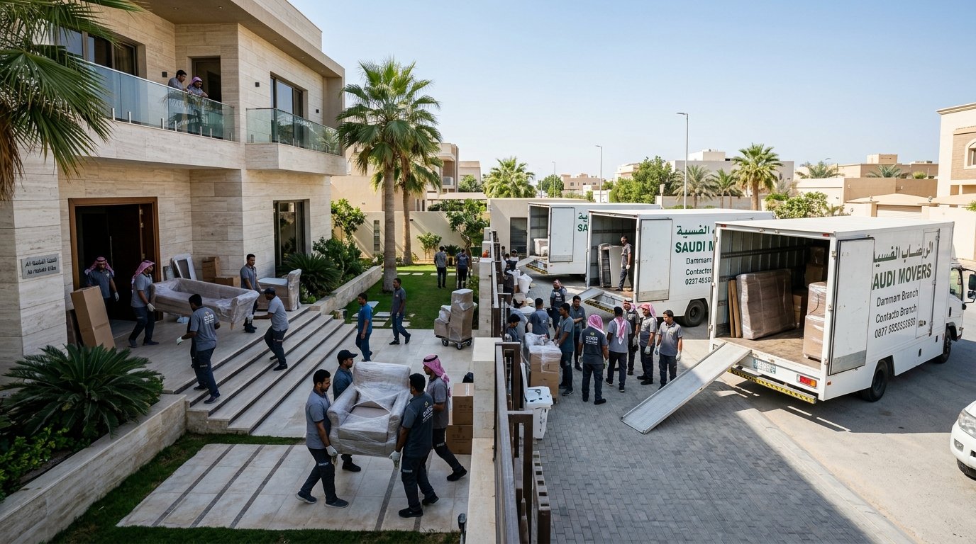 أسطول شاحنات وفريق دار الهنا ينفذون نقل أثاث فيلا سكنية فاخرة في مدينة الدمام